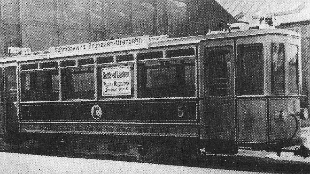 Uferbahn historische Ansicht: Triebwagen 5 vor der Auslieferung in Ammendorf, 1913